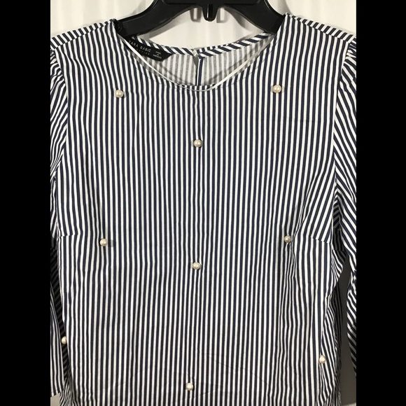 NWT Zara Poplin Stripe‎ Top with faux pearls Blue/White [ SZ Small ] #3595 - Picture 9 of 12